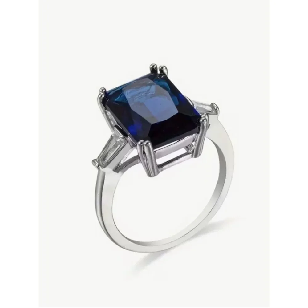💙 NEW Blue Crystal Emerald-Cut Silver Ring with Baguette Accents 💙